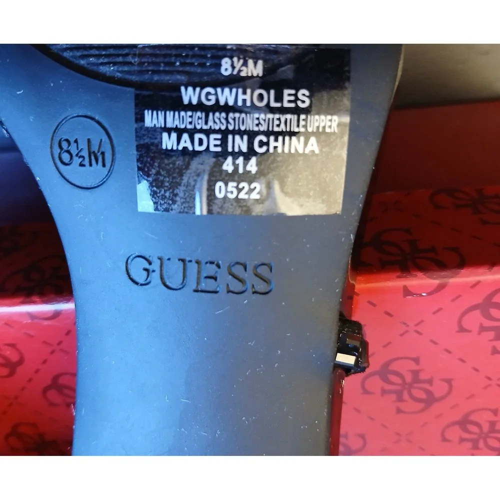 GUESS WGWHOLES Womens Black Patent Rhinestone Strappy Stiletto Heels 8.5M